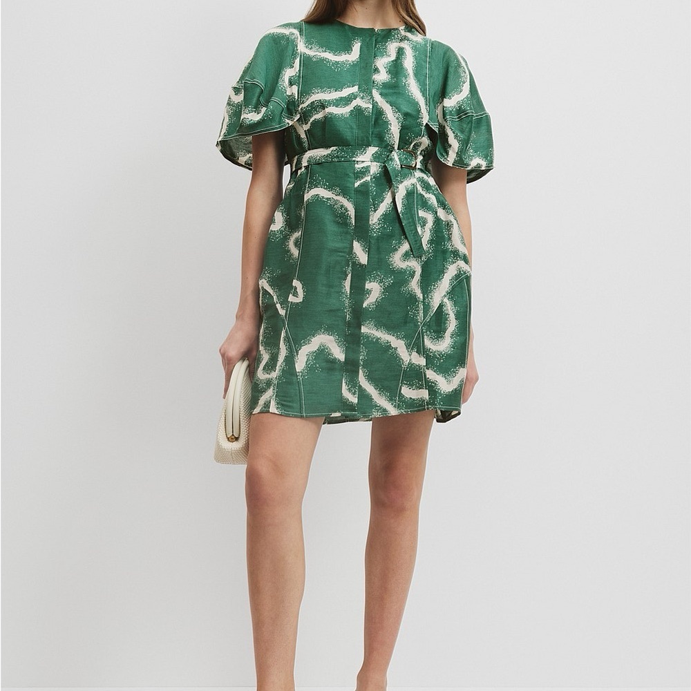 Country Road Abstract Jungle Green Organza Mini Dress Linen Silk Blend NWT 10
